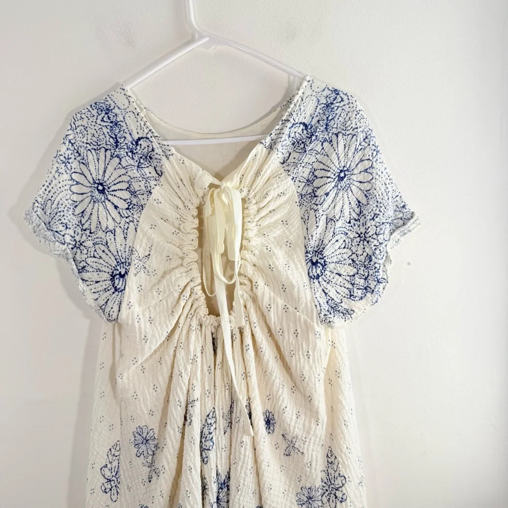 Free People Pinwheel Cream Blue Floral Print Open Back Gauze Mini Dress Medium